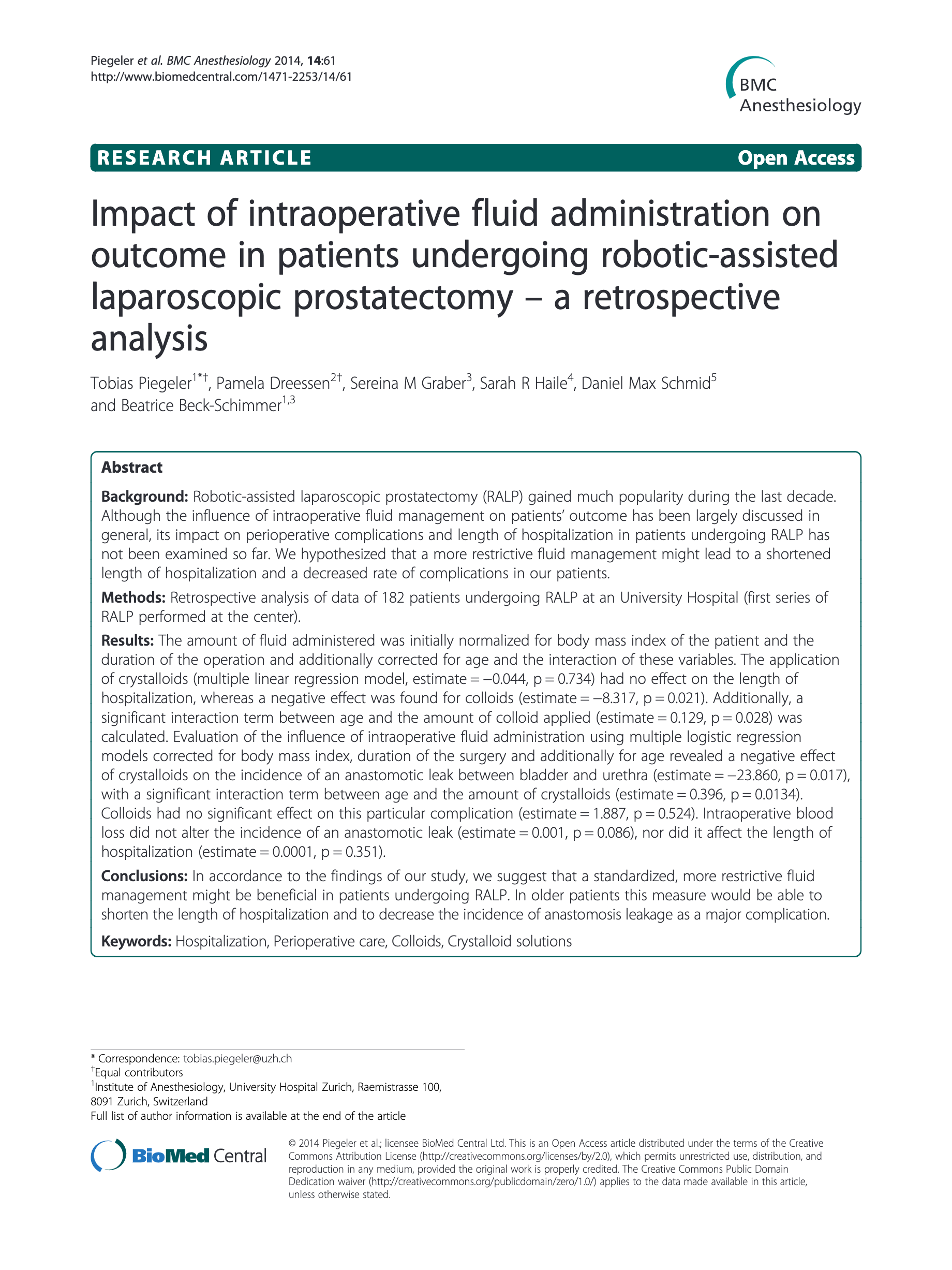 Impact of intraoperative fluid administration on outcome in patients undergoing robotic-assisted laparoscopic prostatectomy – a retrospective analysis