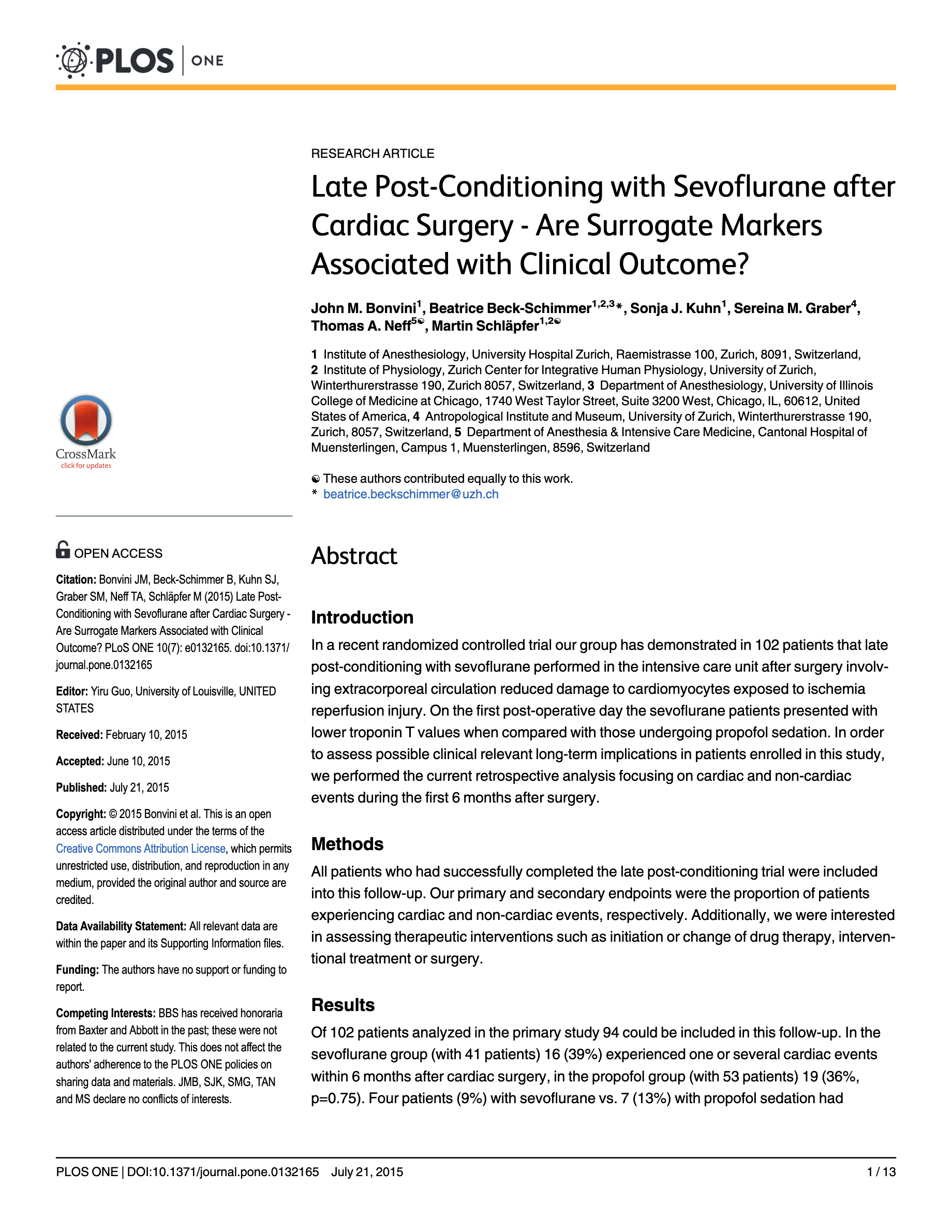Late Post-Conditioning with Sevoflurane after Cardiac Surgery - Are Surrogate Markers Associated with Clinical Outcome?