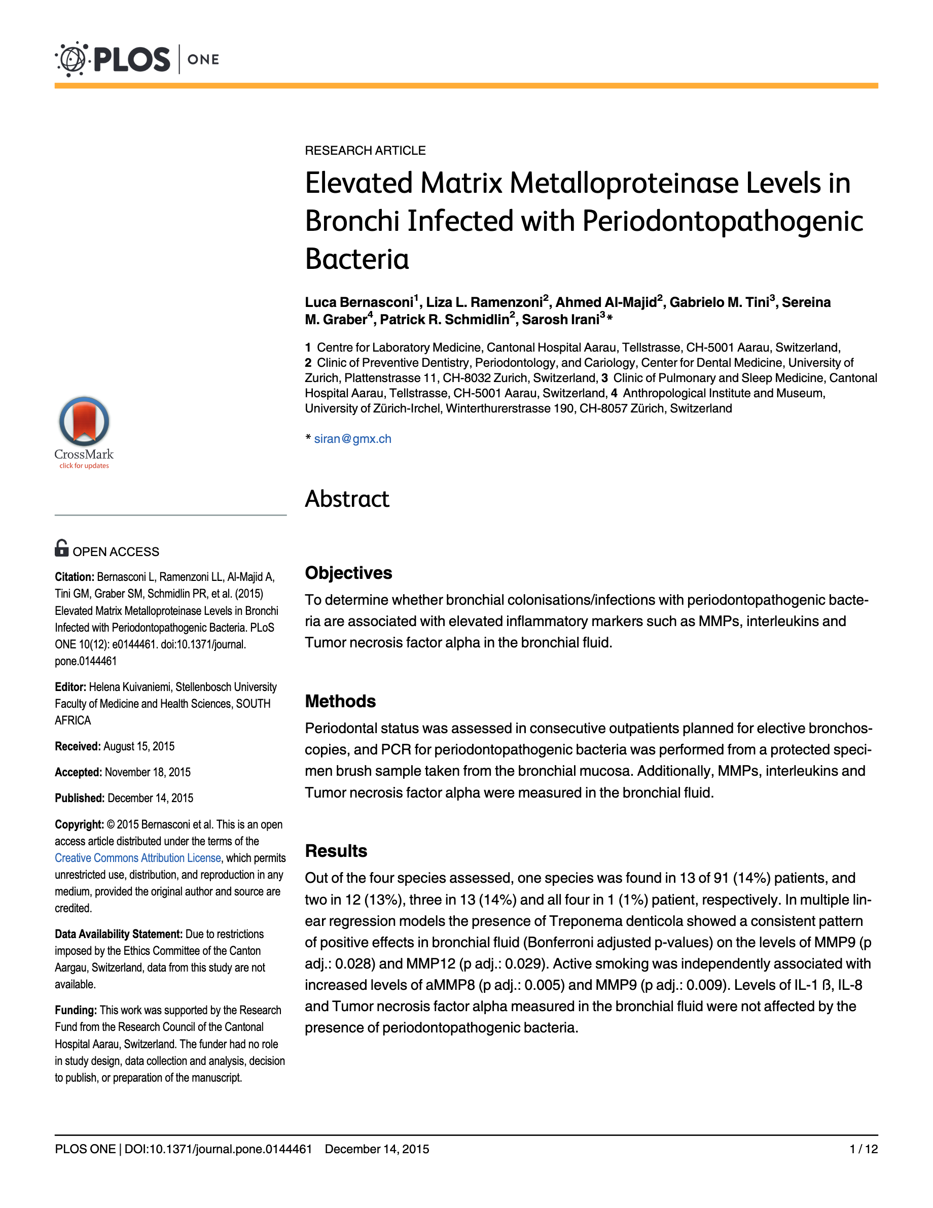 Elevated Matrix Metalloproteinase Levels in Bronchi Infected with Periodontopathogenic Bacteria
