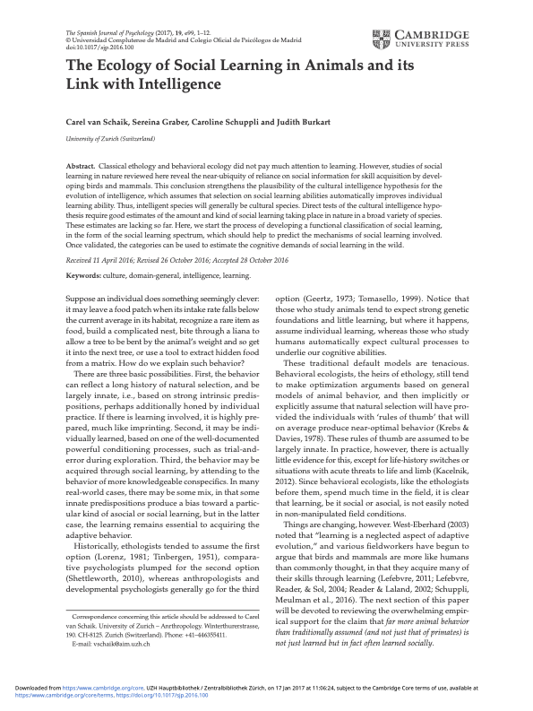 The Ecology of Social Learning in Animals and its Link with Intelligence