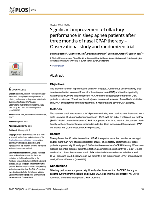 Significant improvement of olfactory performance in sleep apnea patients after three months of nasal CPAP therapy – Observational study and randomized trial
