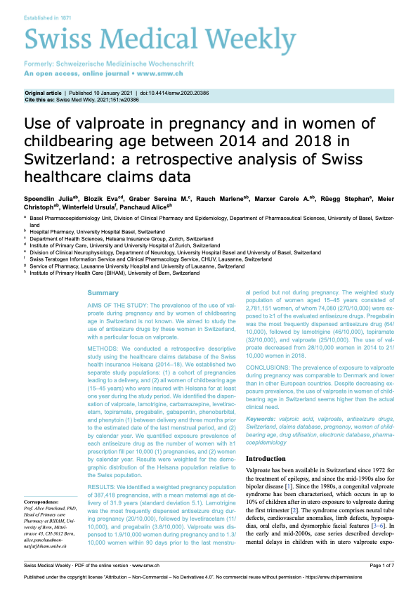 Use of valproate in pregnancy and in women of childbearing age between 2014 and 2018 in Switzerland: a retrospective analysis of Swiss healthcare claims data