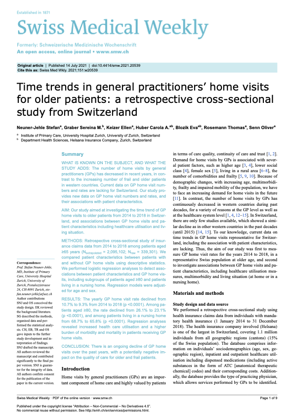 Time trends in general practitioners' home visits for older patients: a retrospective cross-sectional study from Switzerland