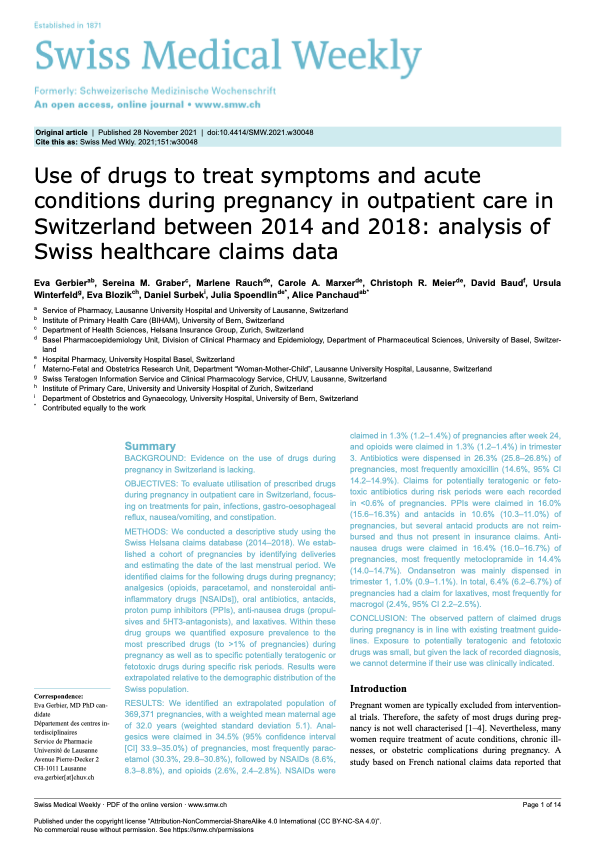 Use of drugs to treat symptoms and acute conditions during pregnancy in outpatient care in Switzerland between 2014 and 2018: analysis of Swiss healthcare claims data
