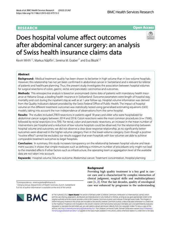 Does hospital volume affect outcomes after abdominal cancer surgery: an analysis of Swiss health insurance claims data