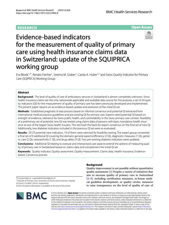 Evidence-based indicators for the measurement of quality of primary care using health insurance claims data in Switzerland: update of the SQUIPRICA working group