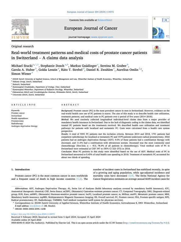 Real-world treatment patterns and medical costs of prostate cancer patients in Switzerland - A claims data analysis
