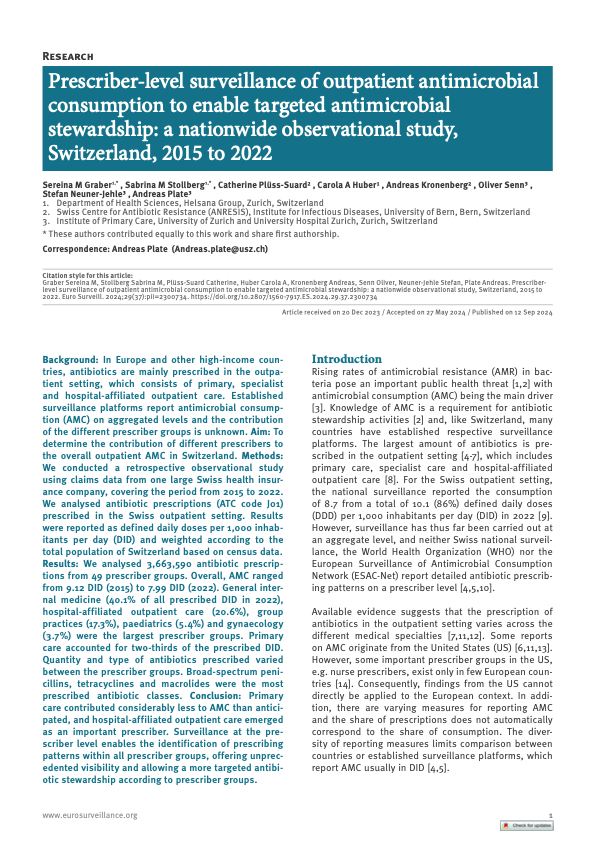 Prescriber-level surveillance of outpatient antimicrobial consumption to enable targeted antimicrobial stewardship: a nationwide observational study, Switzerland, 2015 to 2022