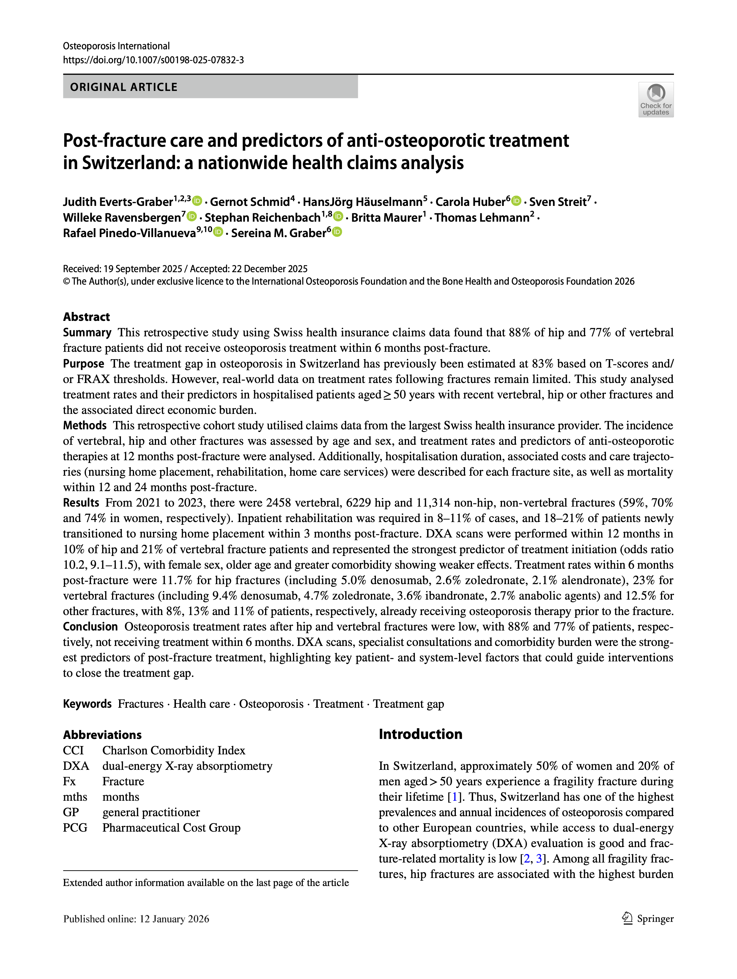 Post-fracture care and predictors of anti-osteoporotic treatment in Switzerland