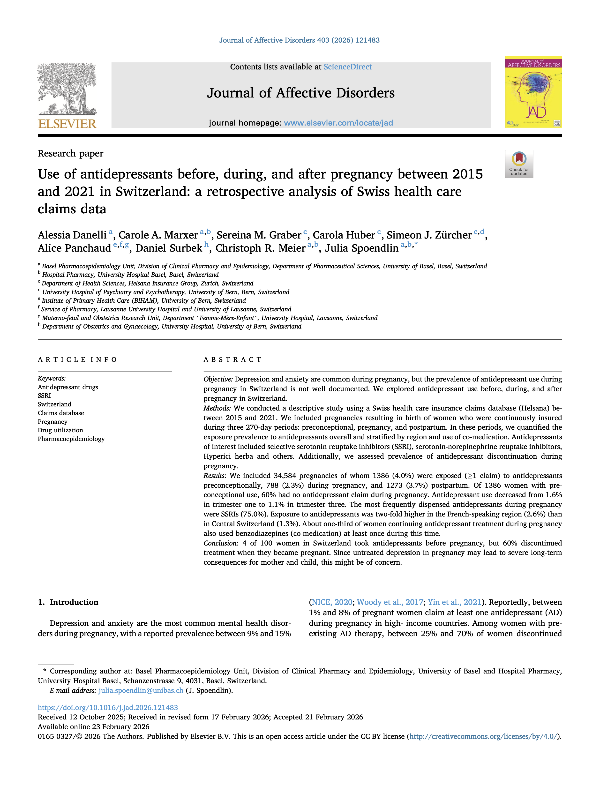 Use of antidepressants before, during, and after pregnancy between 2015 and 2021 in Switzerland: a retrospective analysis of Swiss health care claims data