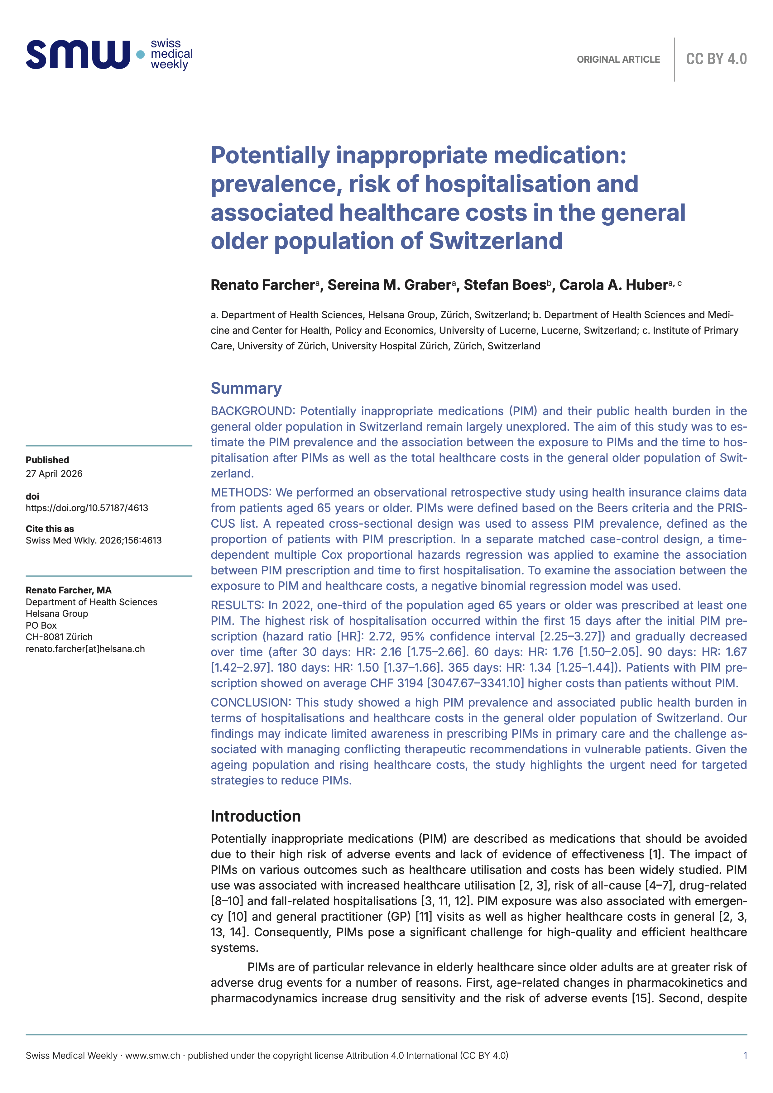 Potentially inappropriate medication: prevalence, risk of hospitalisation and associated healthcare costs in the general older population of Switzerland